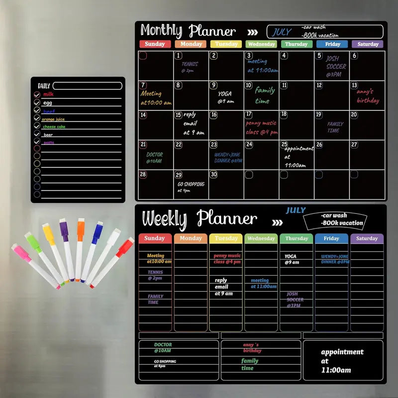 📅 Black Magnetic Dry Erase Boards Set of 3 | Ultimate Fridge Organizer & Planner ✨