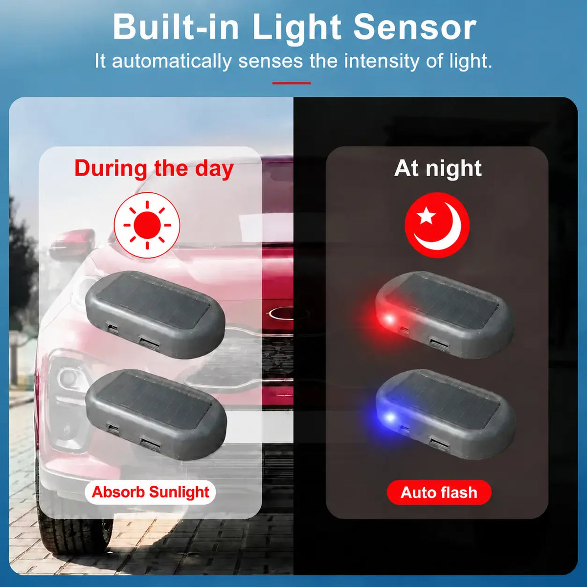 Solar Powered Fake Car Alarm Light – Auto Sensor Simulated LED Security Flashing Lamp