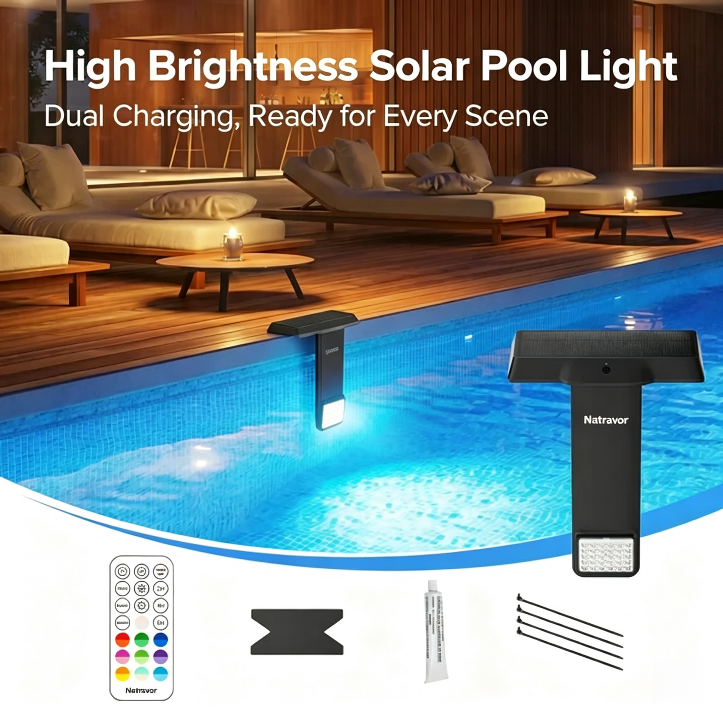 Natravor Solar Pool Light – 20 RGB Colors, IP68 Waterproof, Magnetic Mount