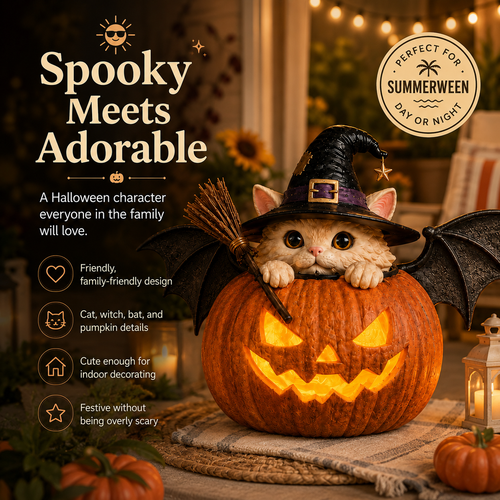 Limited time offer-Summerween Lighted Witch Cat Pumpkin Decor with Flickering LED Timer