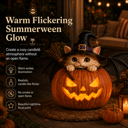 Limited time offer-Summerween Lighted Witch Cat Pumpkin Decor with Flickering LED Timer