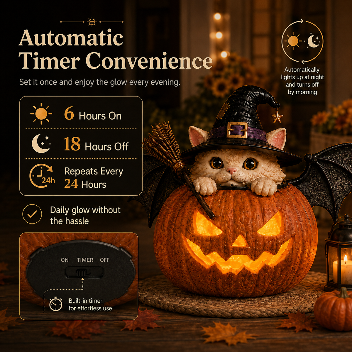 Limited time offer-Summerween Lighted Witch Cat Pumpkin Decor with Flickering LED Timer