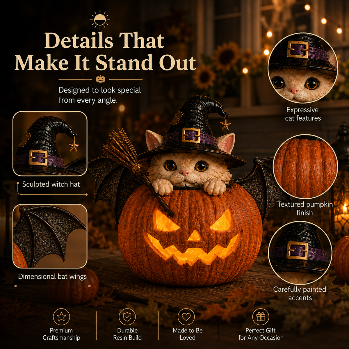 Limited time offer-Summerween Lighted Witch Cat Pumpkin Decor with Flickering LED Timer