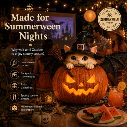 Limited time offer-Summerween Lighted Witch Cat Pumpkin Decor with Flickering LED Timer