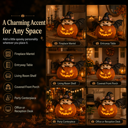 Limited time offer-Summerween Lighted Witch Cat Pumpkin Decor with Flickering LED Timer