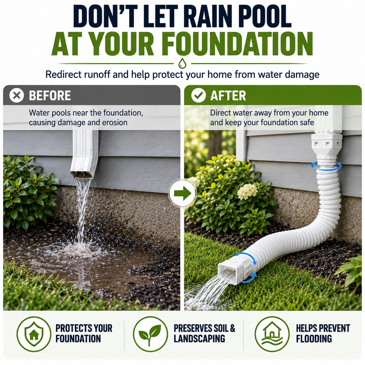 🔥 Last Day 50% OFF-Flexible Rain Gutter Downspout Extension Kit  – Adjustable 22"-63" Drain Pipe with Leaf Filter for Foundation Protection