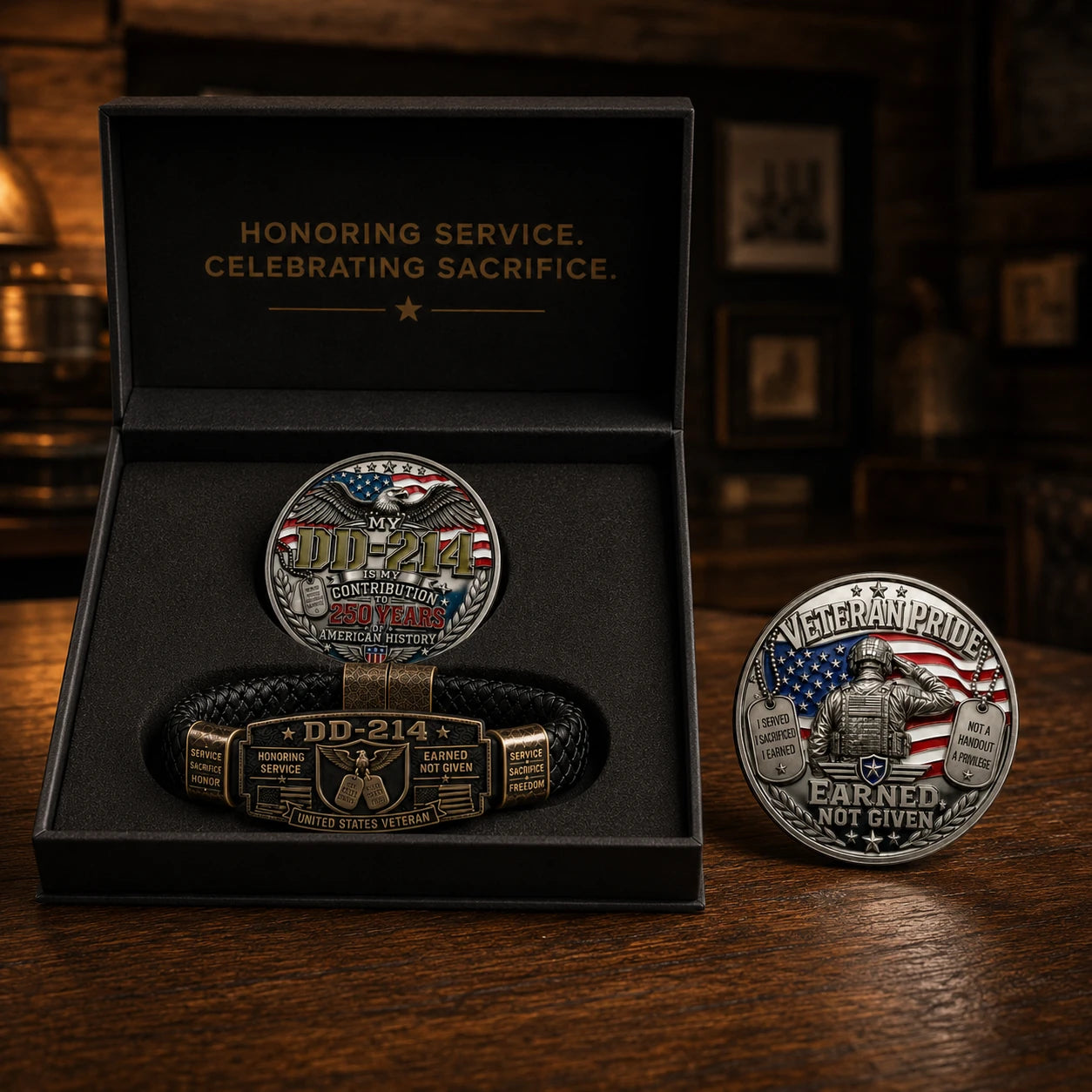 Wood tabletop display of DD-214 bracelet and coin gift set