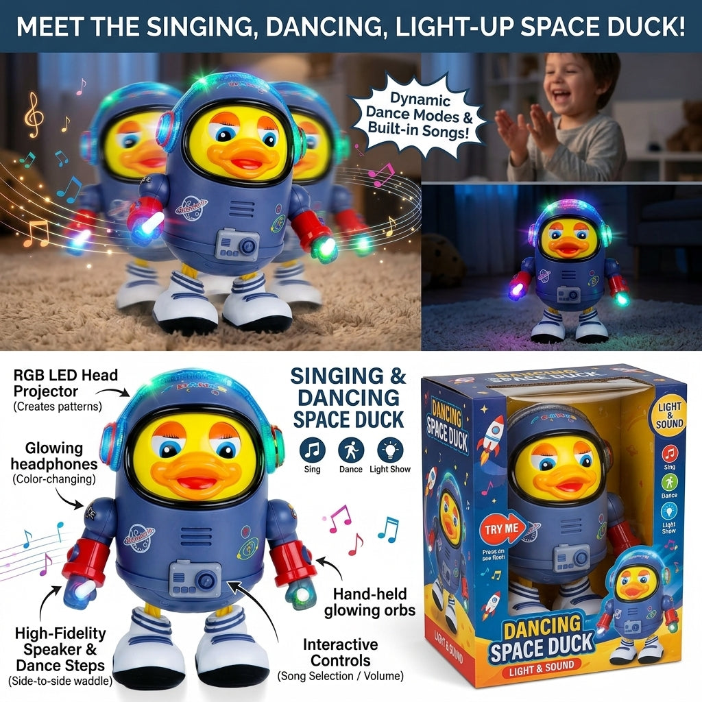 Electric Space Duck: Interactive Walking & Dancing Toy with Dazzling Lights and Fun Sounds for Toddlers